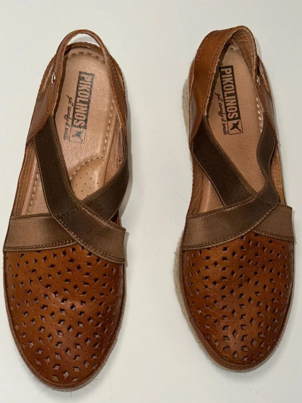 PIKOLINOS Brown Leather Wedge Elastic Espadrille Benidorm size 38 EU 7.5/8 US
